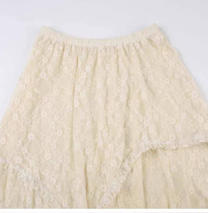 レースファッション 不規則裾レイヤードレースロングスカート