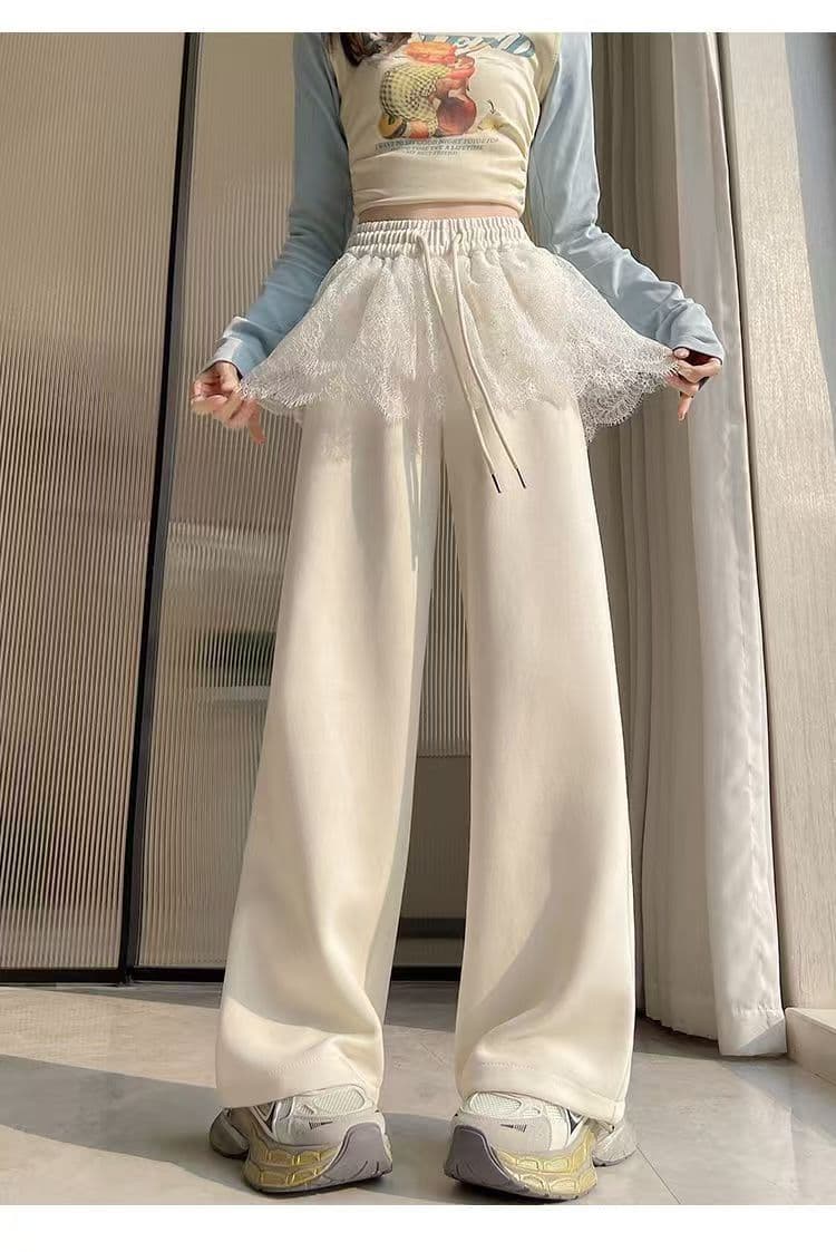 レース 服 レースフリルワイドパンツ
