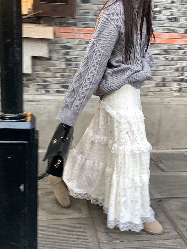 レースファッション ティアードレースデザインロングスカート