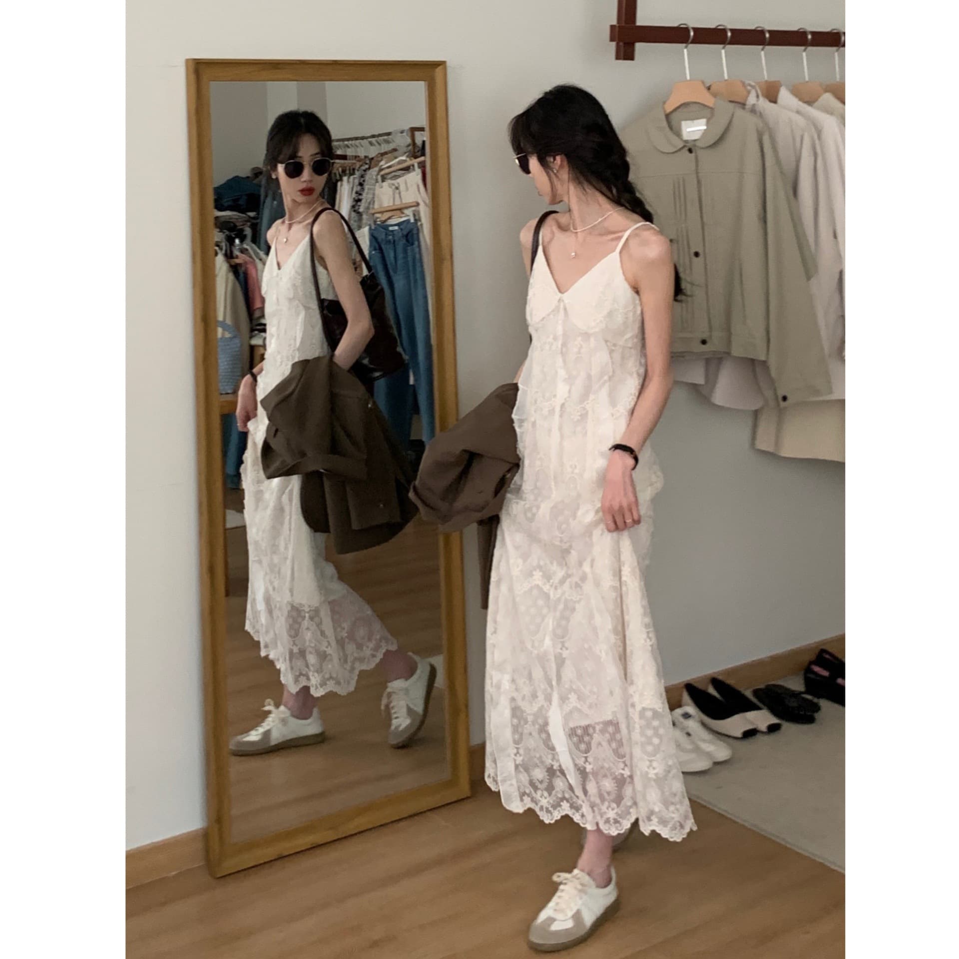 レース 服 透かし模様レースキャミソールワンピース