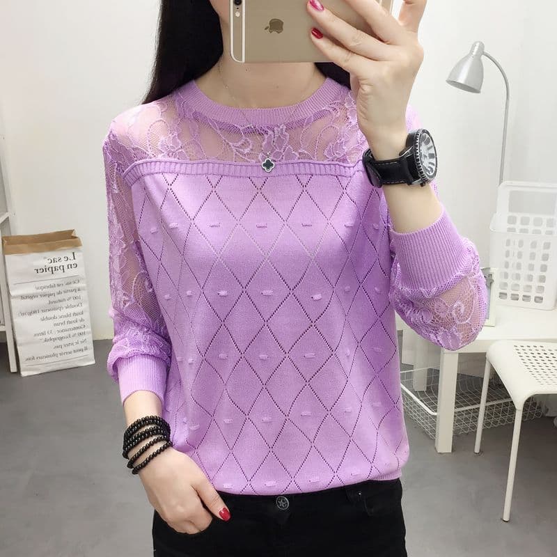 レース 服 透かしレース切替ダイヤ柄ニットプルオーバー