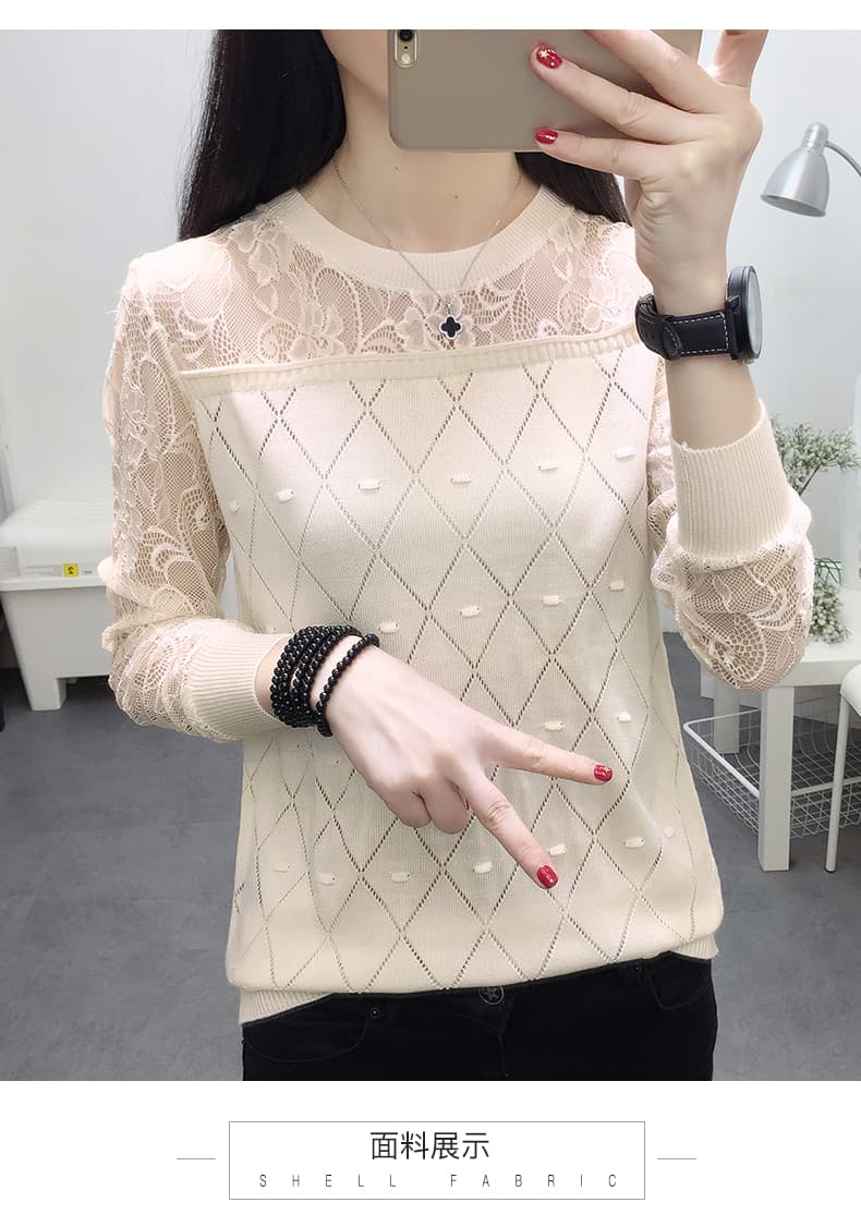 レース 服 透かしレース切替ダイヤ柄ニットプルオーバー