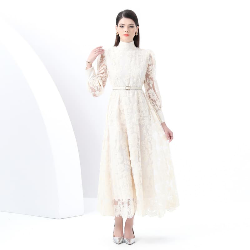 レース 服 高襟シアーレース長袖ワンピース