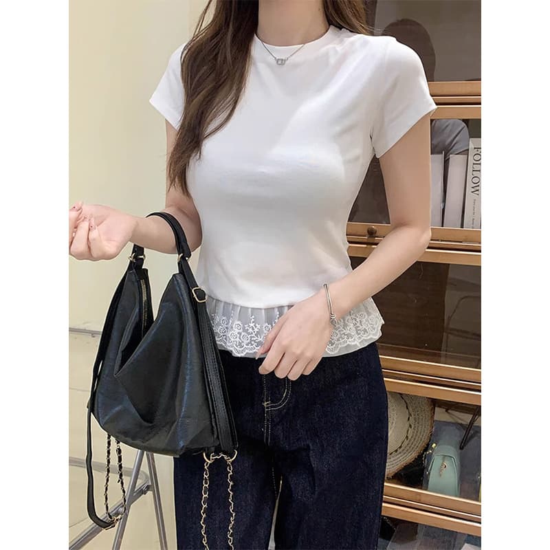 レース 服 裾レース切替フリルカットソー