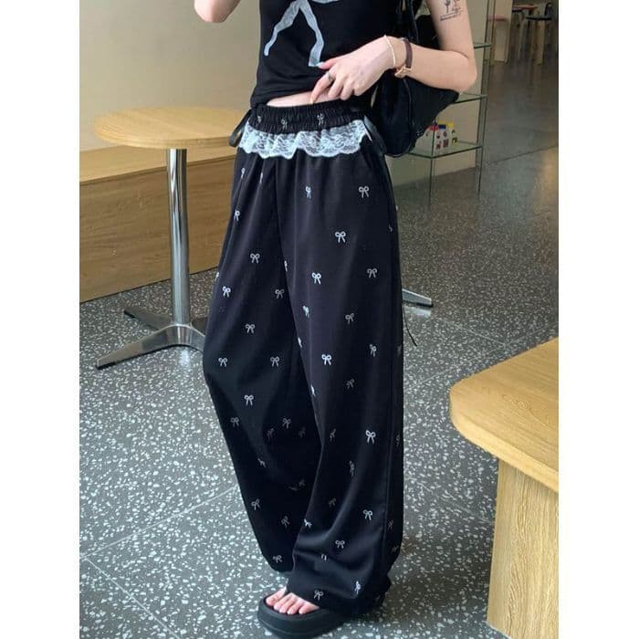 レース 服 リボン柄レース装飾ワイドパンツ