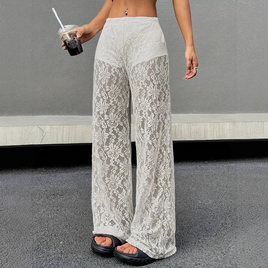 レース 服 花柄シースルーレースワイドパンツ