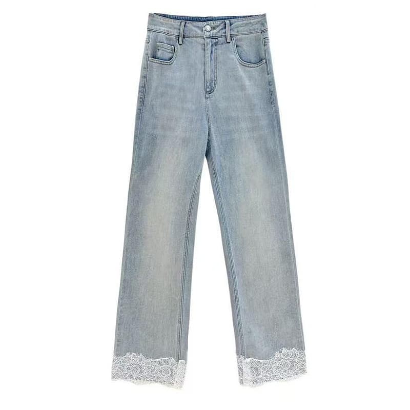 レース 服 繊細レース裾デザインデニムパンツ