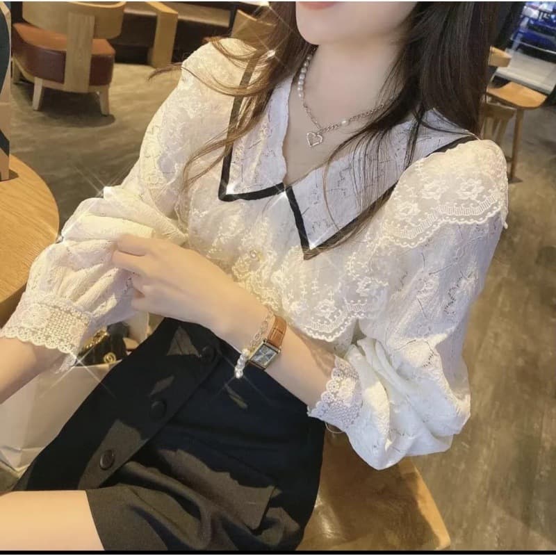 レース 服 トップス レース長袖シャツ 襟付きブラウス レディース