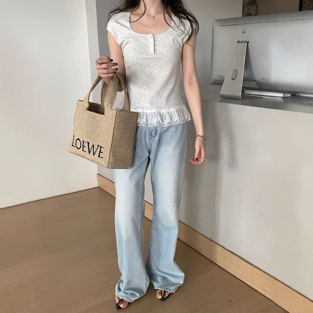 レース 服 裾レース飾り半袖フレンチトップス