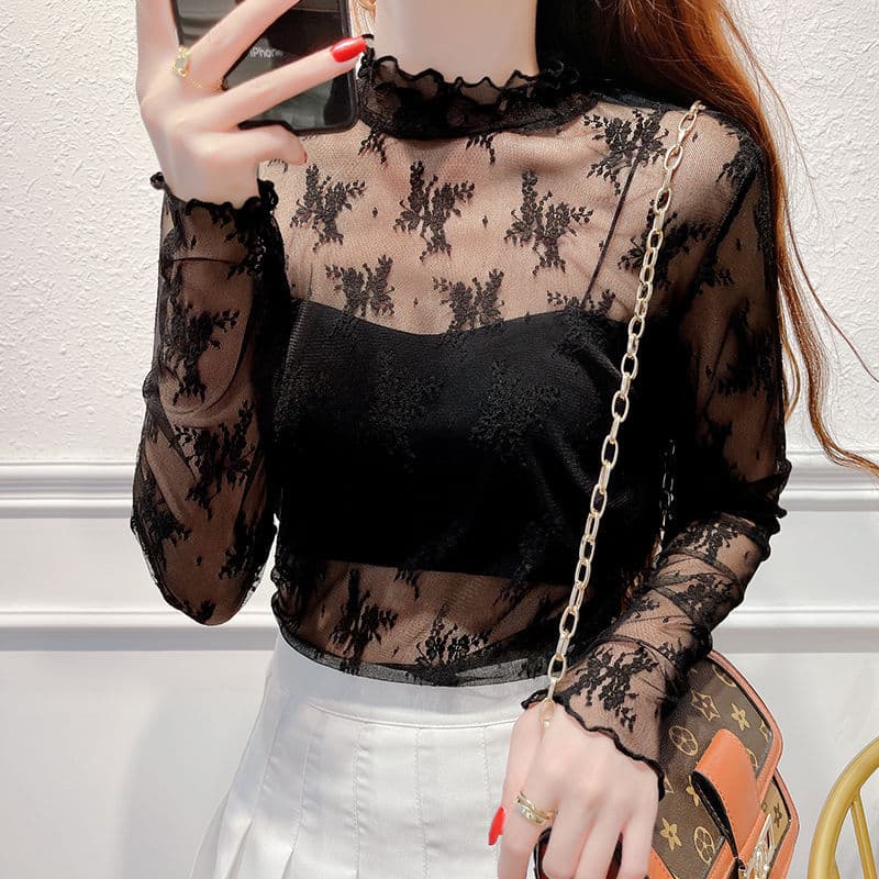 レース 服 花柄シアーレースハイネックインナー
