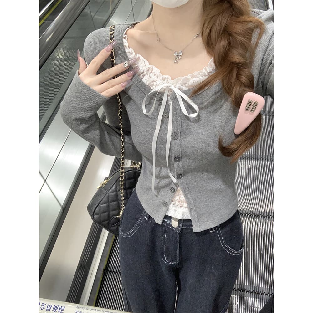 レース 服 レース襟リボン付きカーディガン
