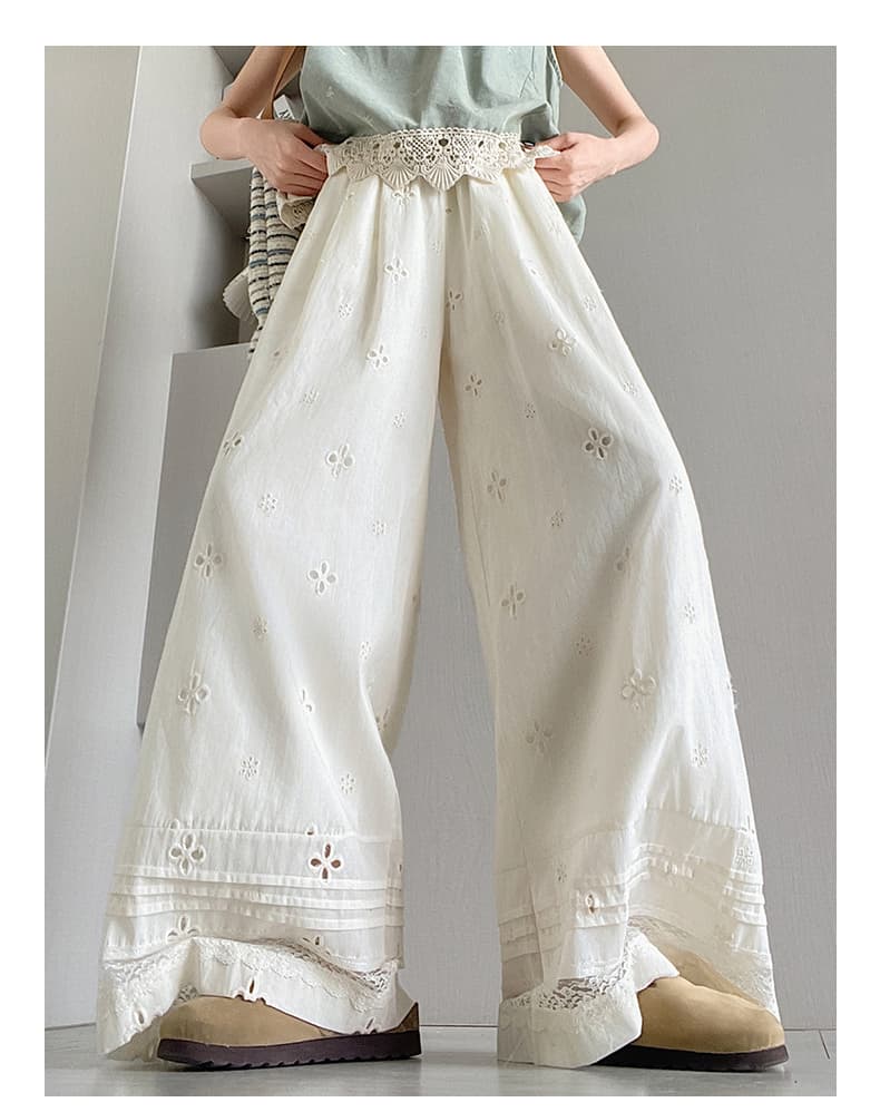 レース 服 花刺繍レース裾ワイドパンツ