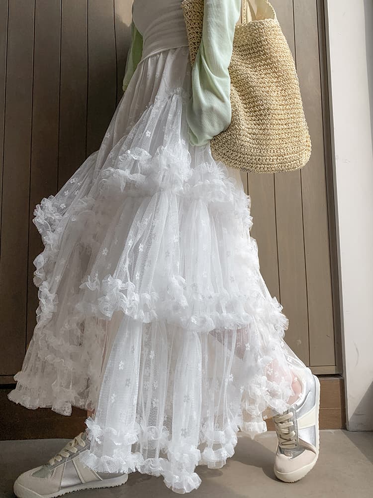 レース 服 ふんわり重ねティアードメッシュスカート