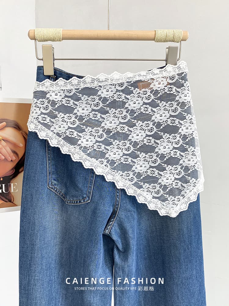 レース 服 レース飾りデニムパンツ