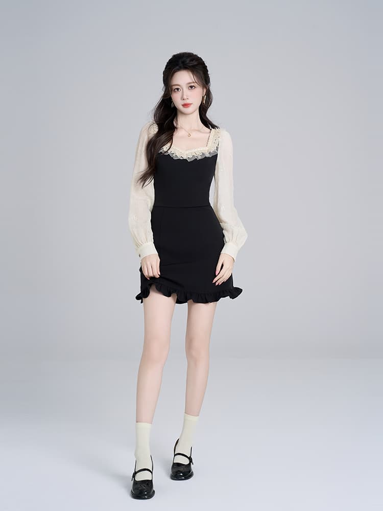 レース 服 フリルレース切り替えデザインワンピース