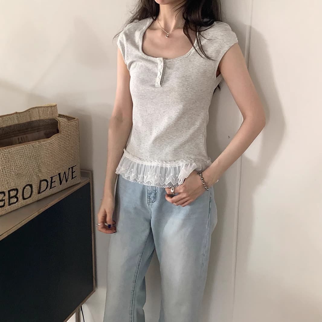 レース 服 裾レース飾り半袖フレンチトップス
