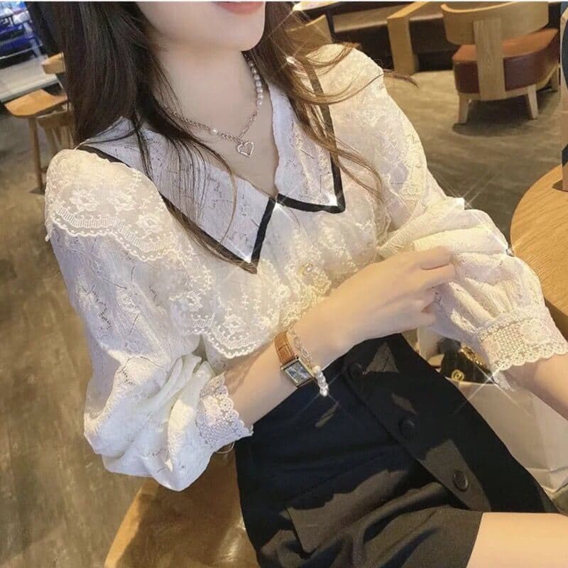 レース 服 トップス レース長袖シャツ 襟付きブラウス レディース
