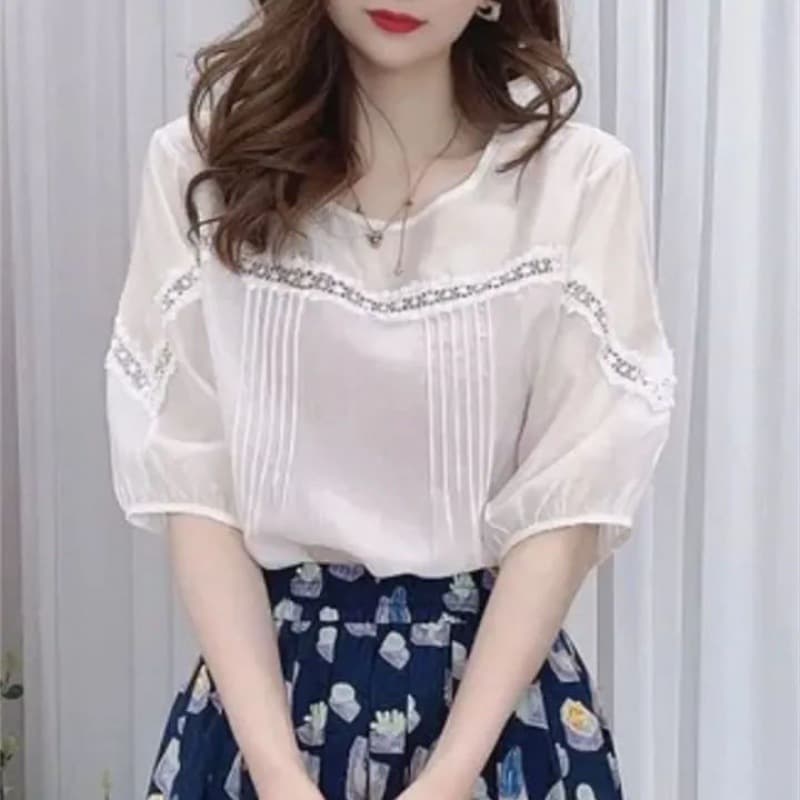 レースファッション ビジュー装飾プリーツブラウス