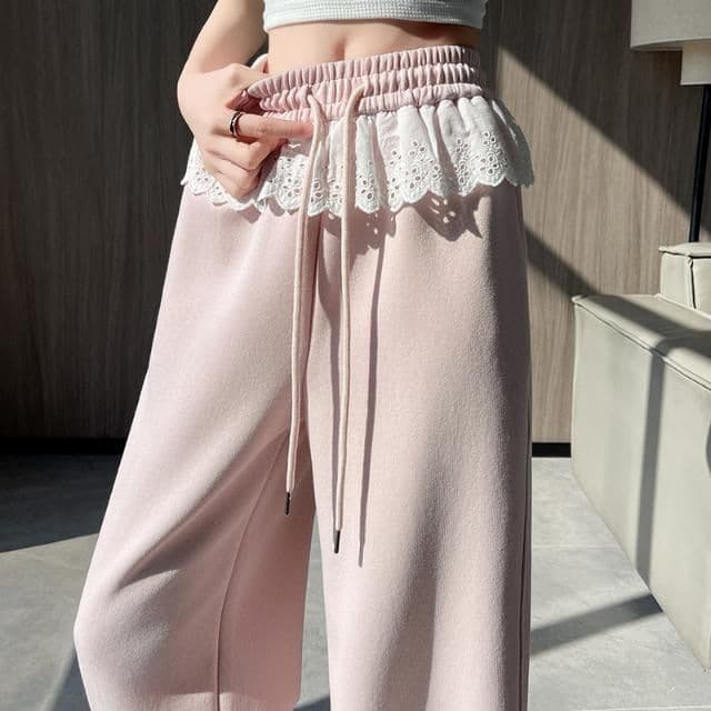 レース 服 レース装飾ウエスト ゆったりワイドパンツ