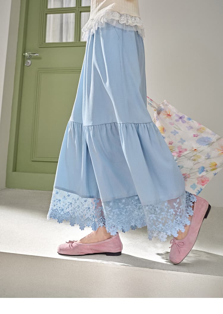 レース 服 花刺繍レース裾ティアードスカート