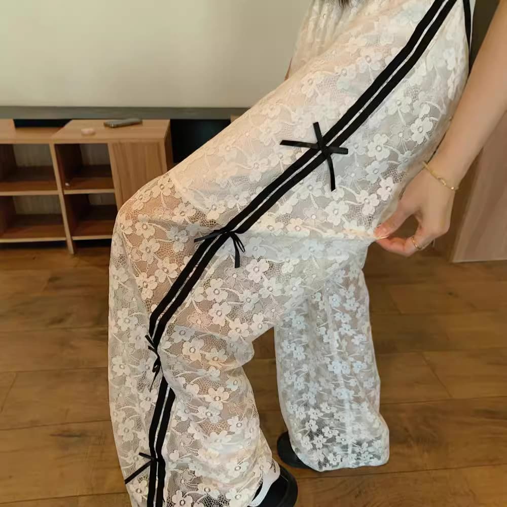 レースファッション レース花柄リボンワイドパンツ