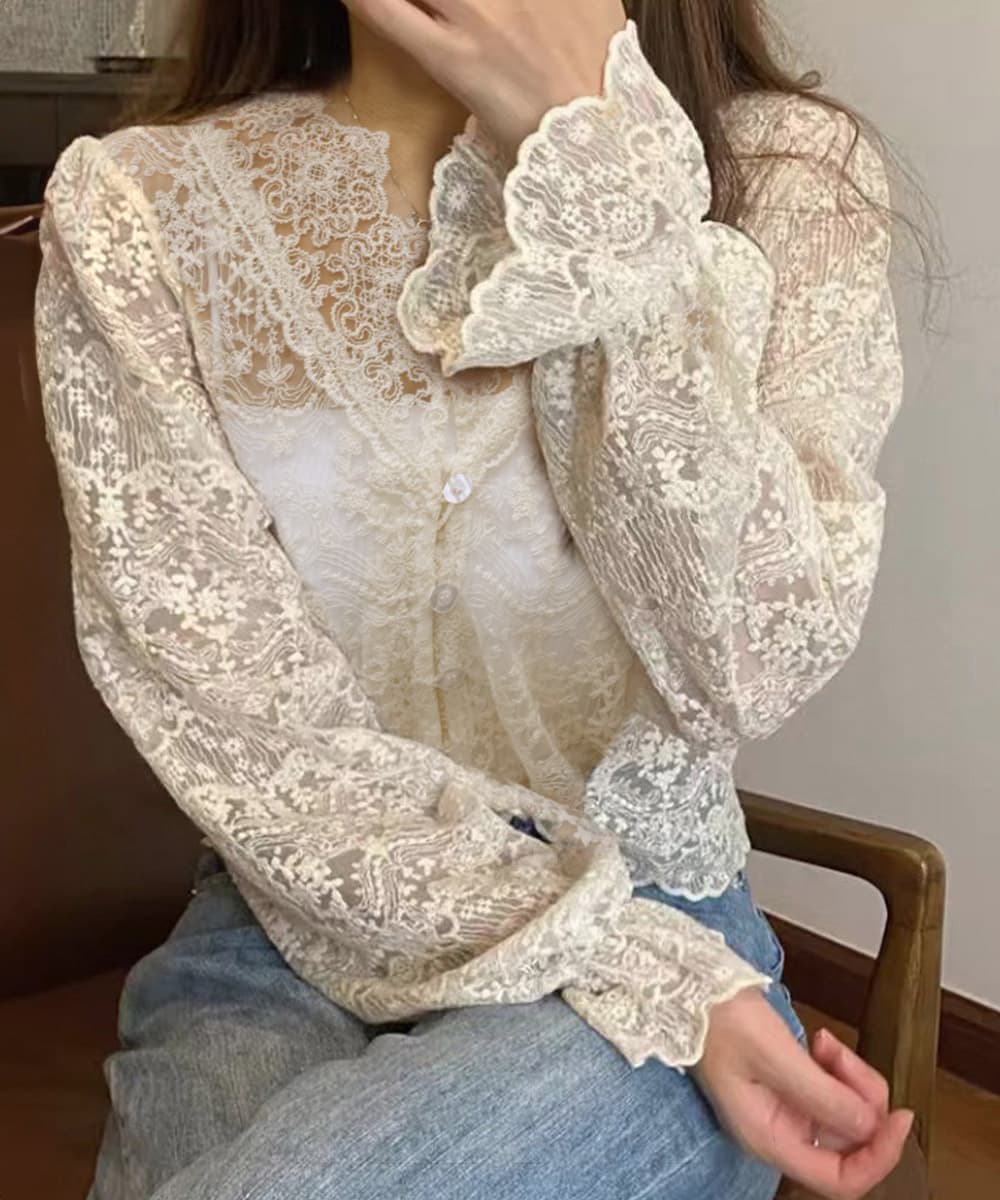 レース 服 繊細花柄レースブラウス 長袖透け感トップス