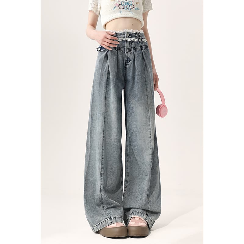 レースファッション ワイドデニムプリーツパンツ