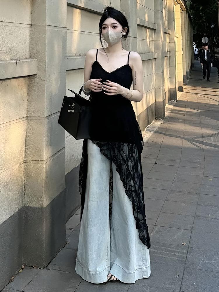 レース 服 レース重ね非対称裾キャミソールワンピース