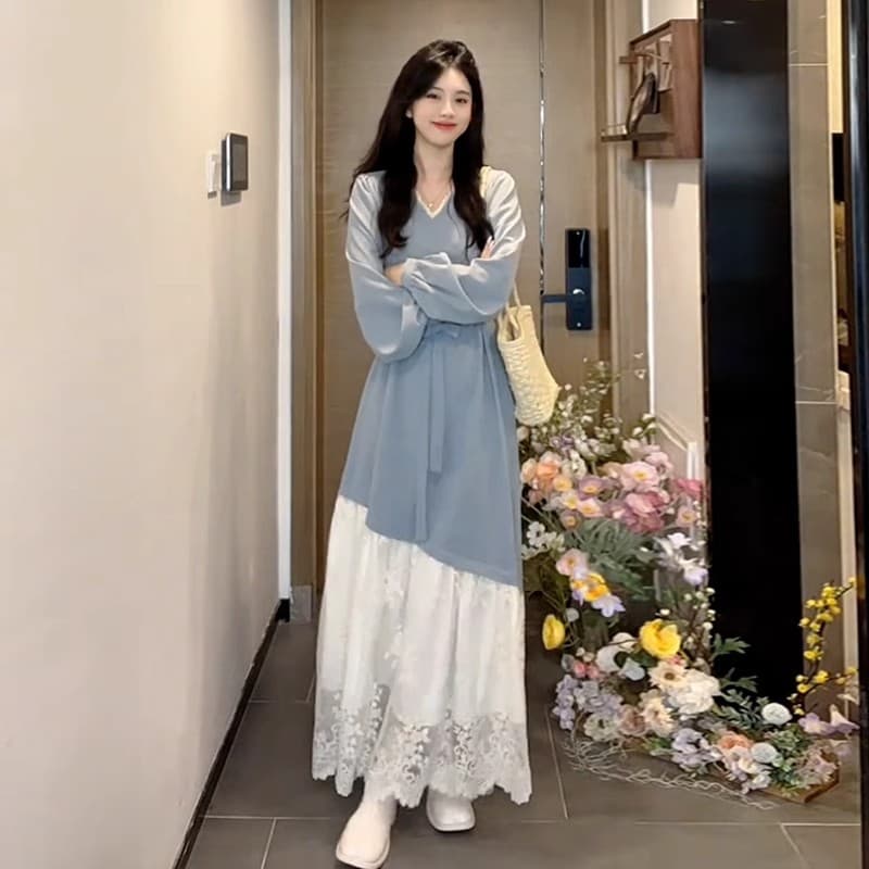 レース 服 二層重ねレース裾フレアワンピース
