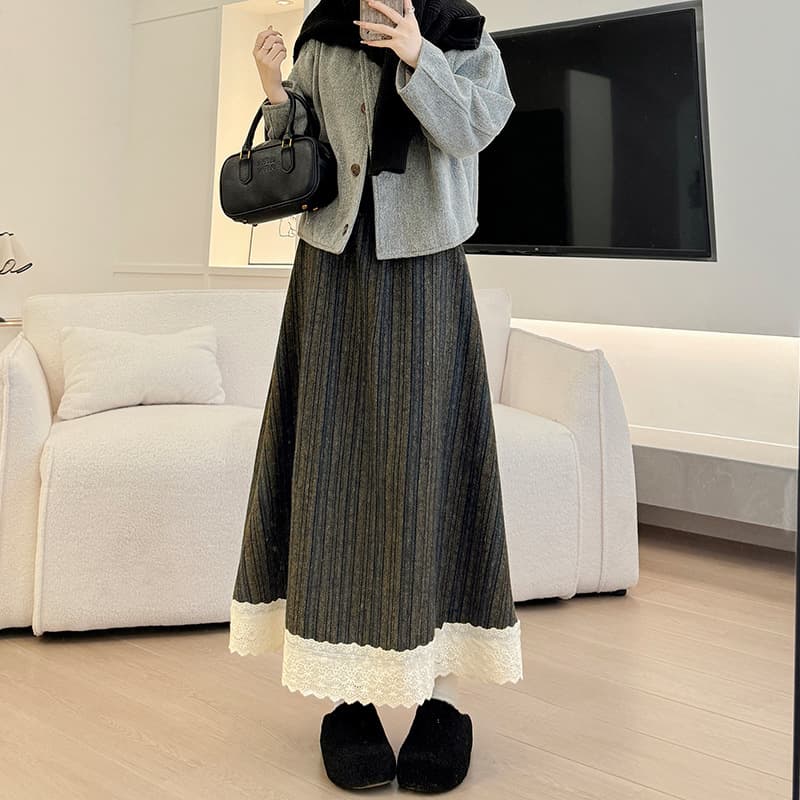 レースファッション レース裾飾りニットロングスカート