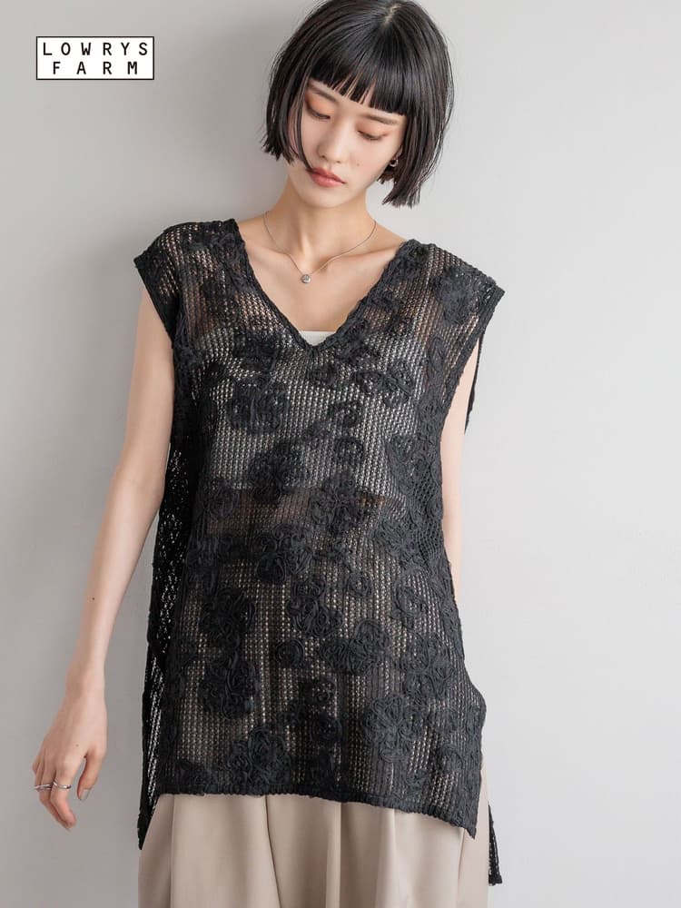 レース 服 花模様透かし編みレースチュニック