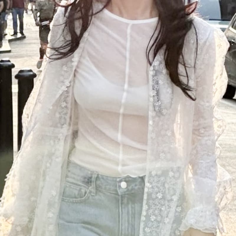レース 服 透け感シアーレイヤードスカート風デニム
