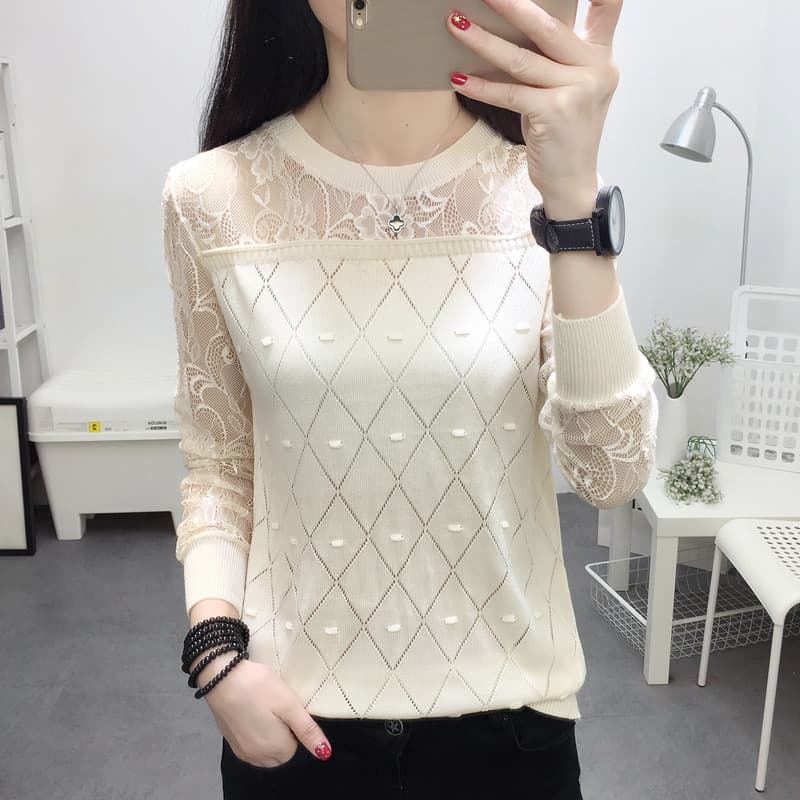 レース 服 透かしレース切替ダイヤ柄ニットプルオーバー