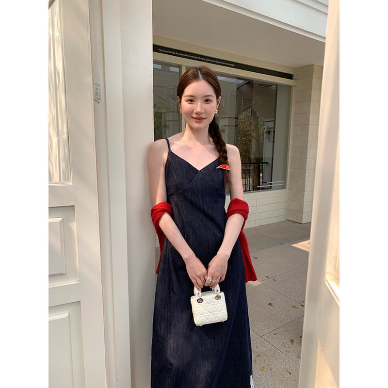 レース 服 レース裾飾り デニム風キャミワンピース