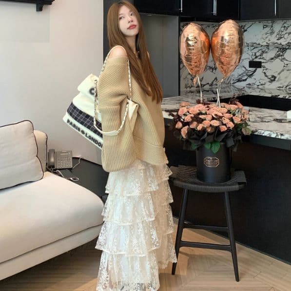 レースファッション 重ね花レース ティアードロングスカート