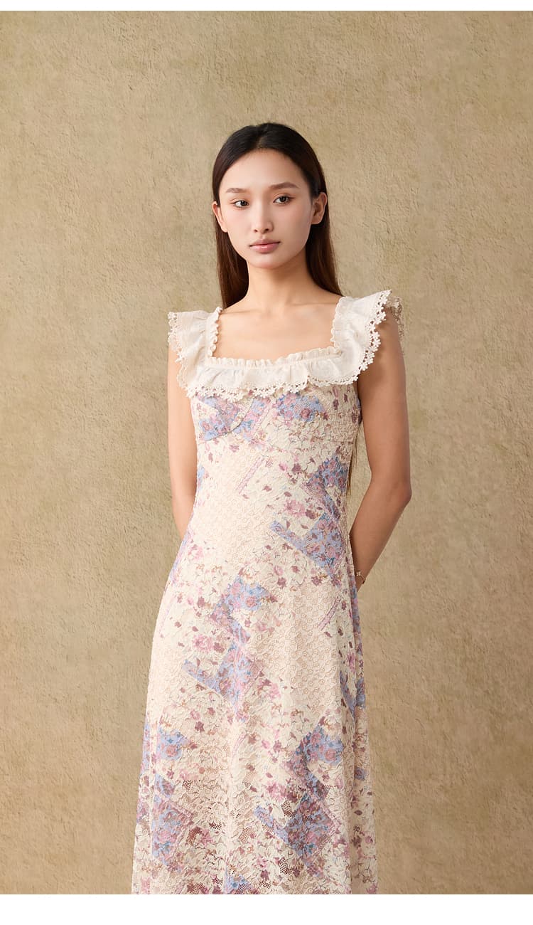 レース 服 花柄フリルレースロングワンピース