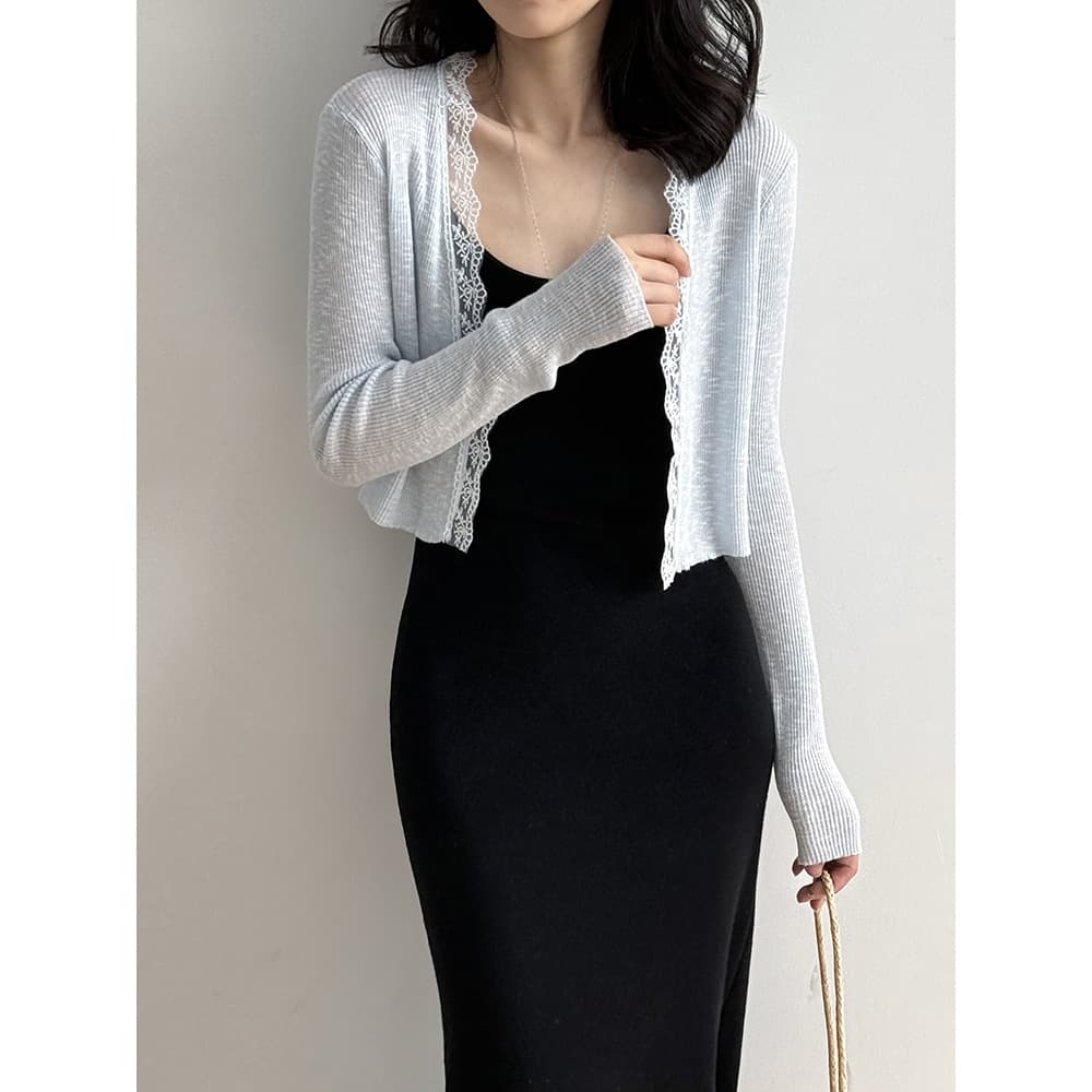 レース 服 レース縁取りリブ編みカーディガン