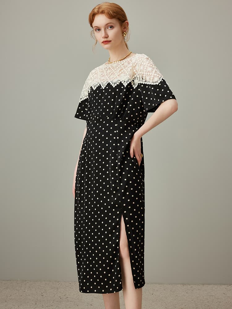 レース 服 レース切り替え水玉スリットワンピース