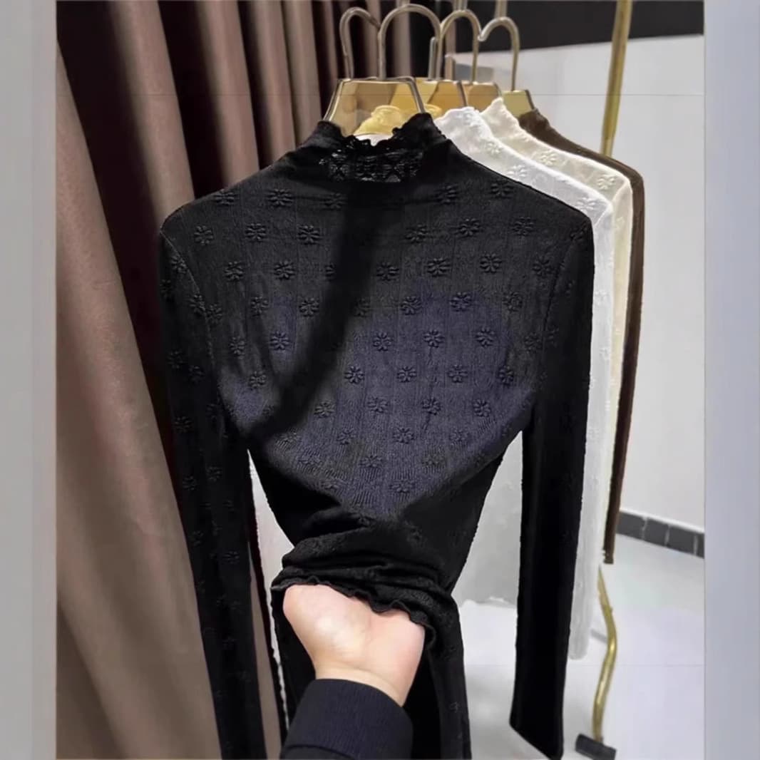 レース 服 花柄刺繍入り立ち襟レーストップス