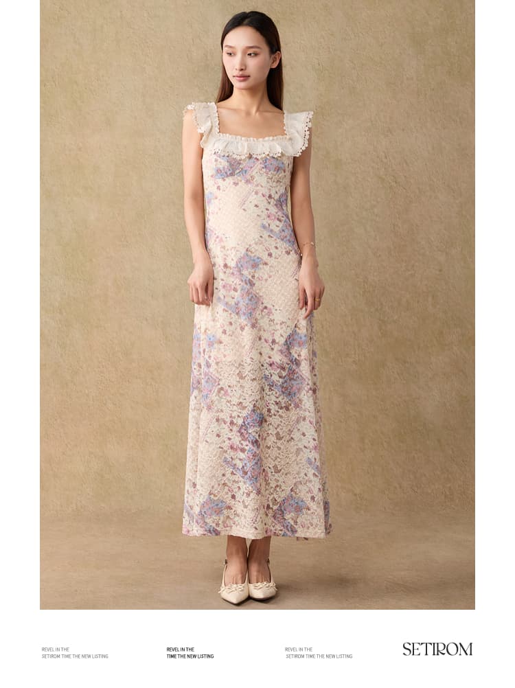 レース 服 花柄フリルレースロングワンピース