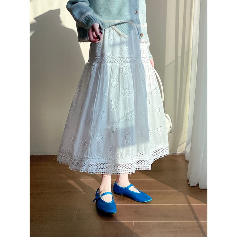 レースファッション アイレット刺繍レースロングスカート