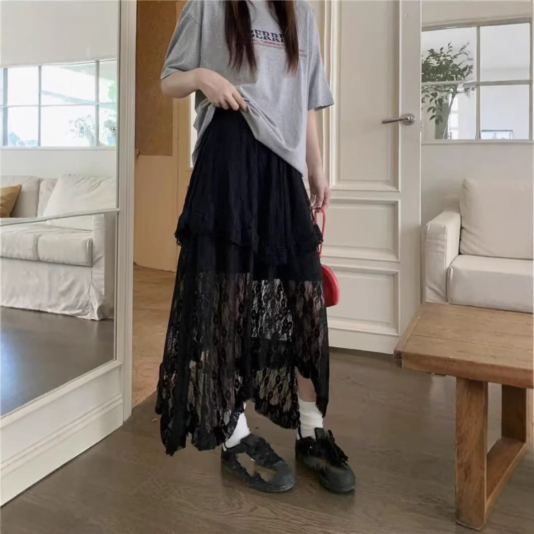 レース 服 ボトムス レース素材不規則裾ロングスカート白黒2色展開