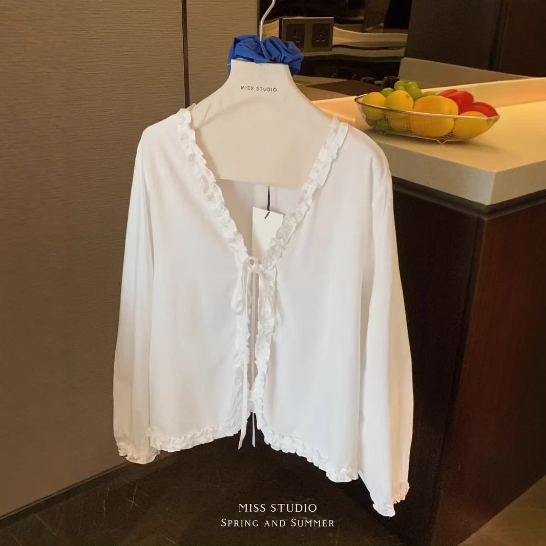 レース 服 フリルレースリボンカーディガン