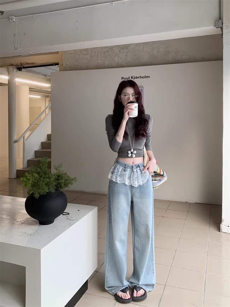 レース 服 レース飾り付き極太デニムパンツ