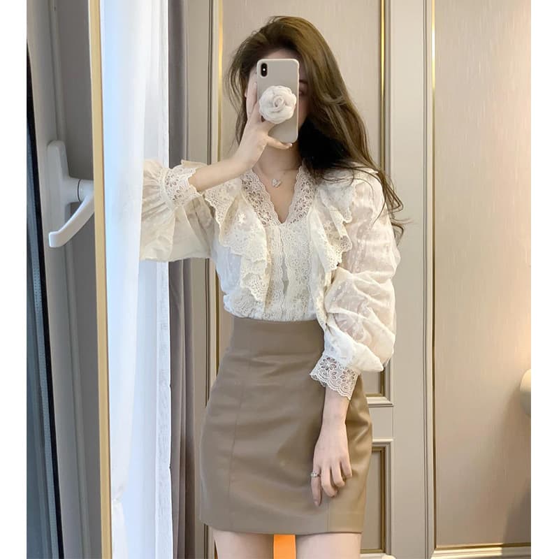 レース 服 トップス エレガントレースブラウス長袖白色トップス