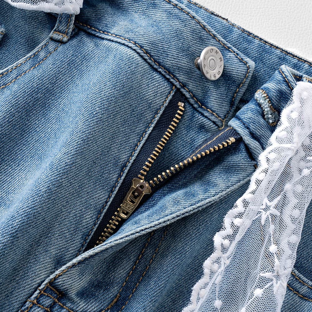 レース 服 レース飾りワイドデニムパンツ