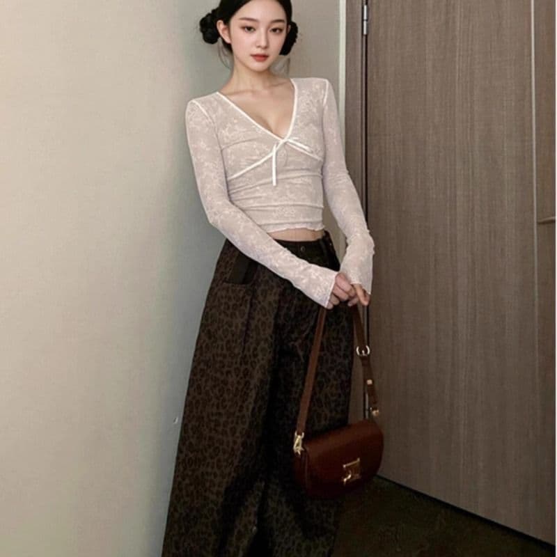 レース 服 シアーレース リボン結び 長袖トップス