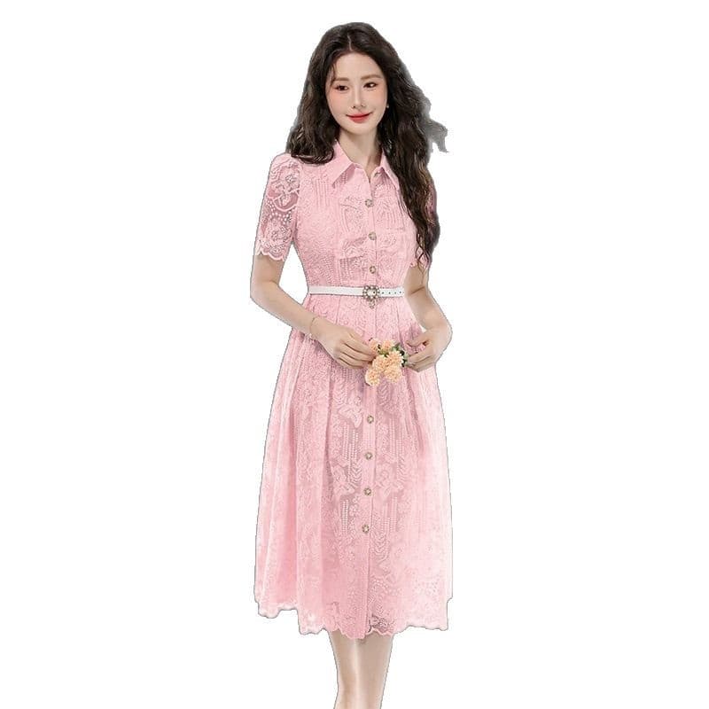 レース 服 花刺繍シャツカラーレースワンピース