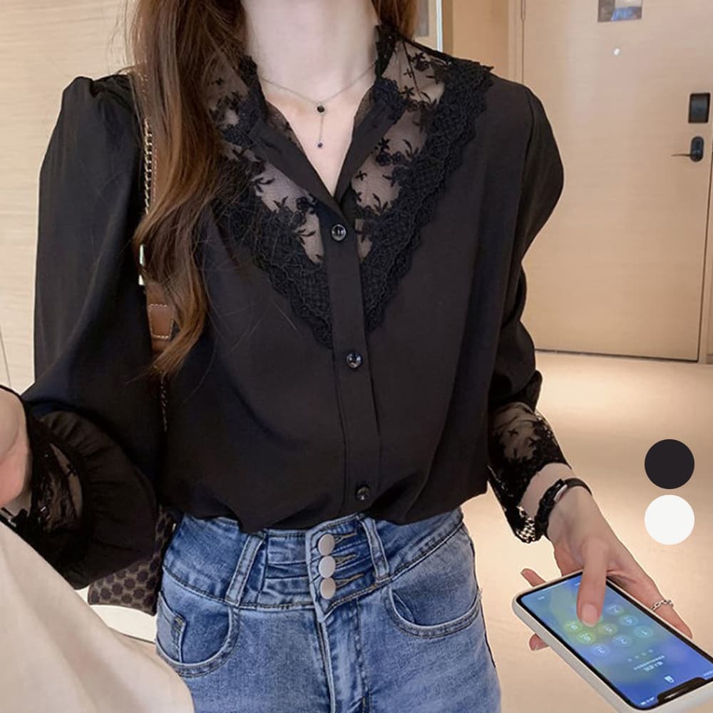 レース 服 刺繍レース長袖ブラウス レディース