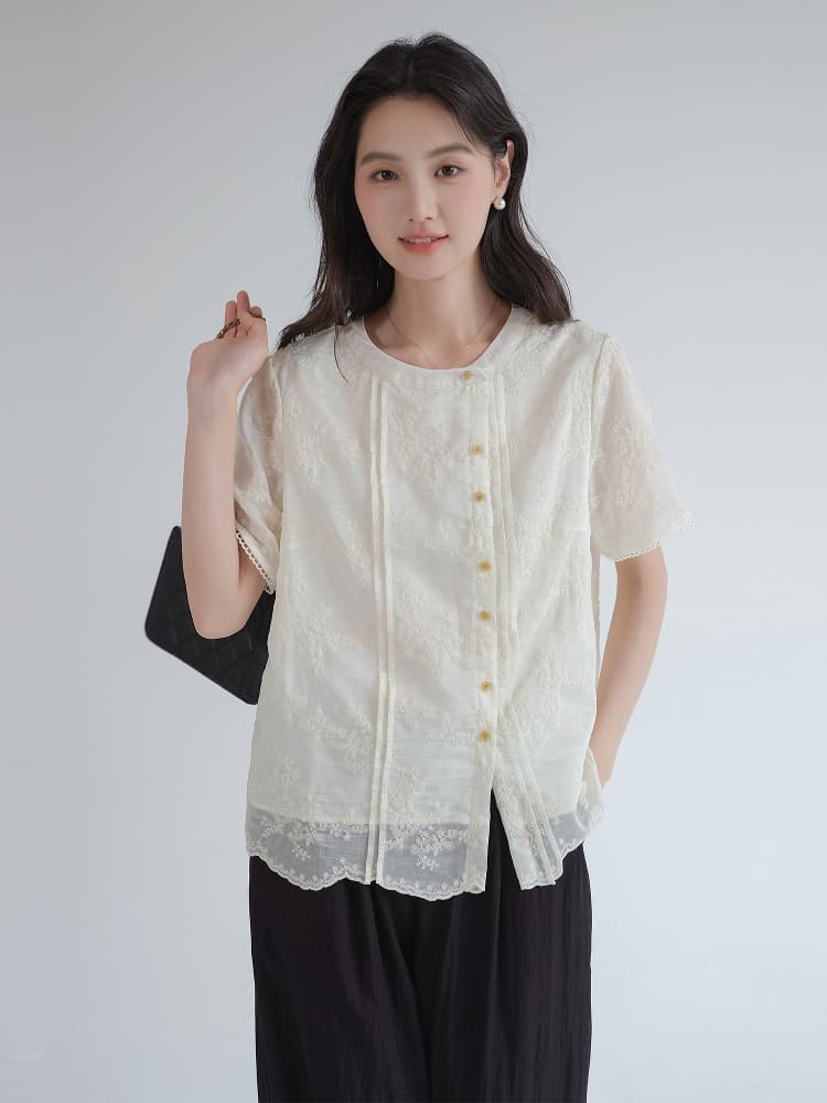 レース 服 花刺繍入り裾レース半袖ブラウス